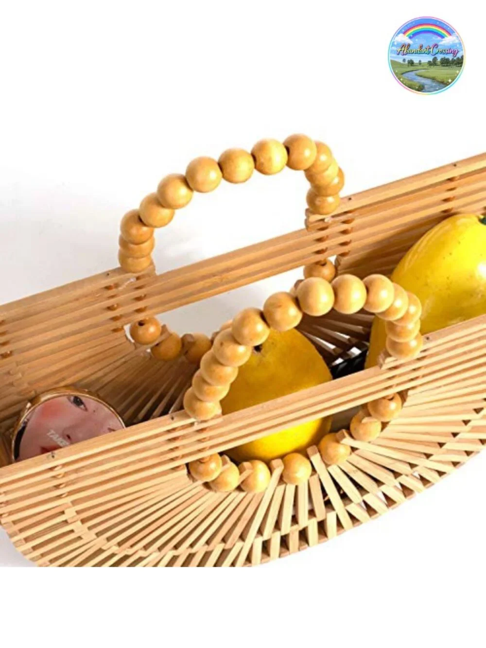 Handmade Bamboo Tote Bag with Wooden Beads Summer Beach Straw Bag